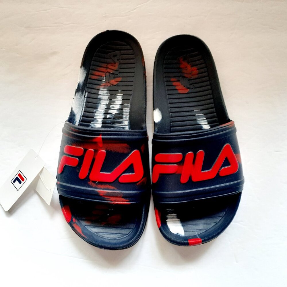 FILA Boys Sandals Sleek Slide Marble Navy Red Slip On Size 6 New